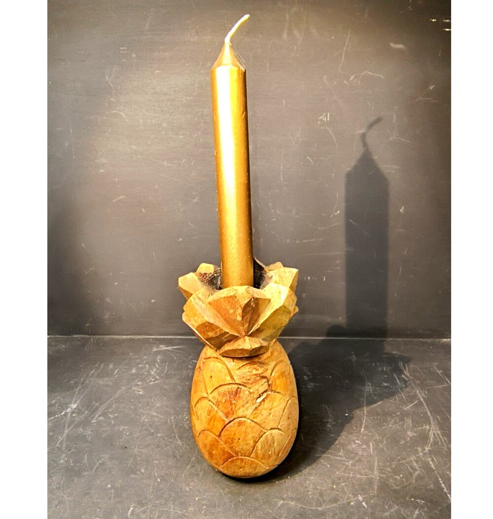1997.  Vintage Hand Carved Wooden Pineapple Candlestick Holder Faceted Leaf Top